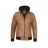 Men's Camel Brown Leather Jacket with Removable Hood
