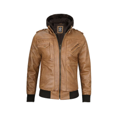 Men's Camel Brown Leather Jacket with Removable Hood