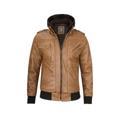 Men's Camel Brown Leather Jacket with Removable Hood