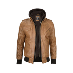 Men's Camel Brown Leather Jacket with Removable Hood