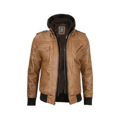Men's Camel Brown Leather Jacket with Removable Hood