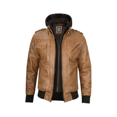 Men's Camel Brown Leather Jacket with Removable Hood