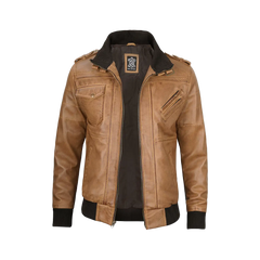 Men's Camel Brown Leather Jacket with Removable Hood