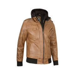 Men's Camel Brown Leather Jacket with Removable Hood