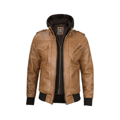 Men's Camel Brown Leather Jacket with Removable Hood