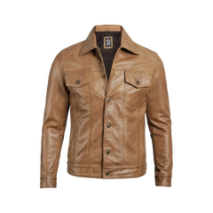 Men's Camel Brown Trucker Leather Jacket