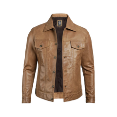 Men's Camel Brown Trucker Leather Jacket