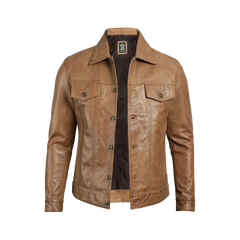Men's Camel Brown Trucker Leather Jacket