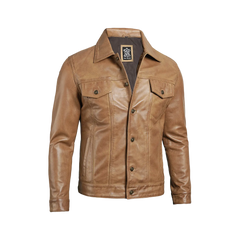 Men's Camel Brown Trucker Leather Jacket