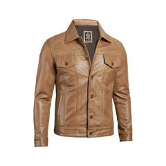 Men's Camel Brown Trucker Leather Jacket