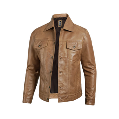 Men's Camel Brown Trucker Leather Jacket
