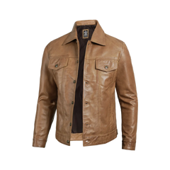 Men's Camel Brown Trucker Leather Jacket