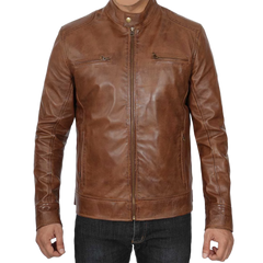 Men's Chocolate Brown Lambskin Cafe Racer Leather Jacket