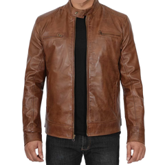 Men's Chocolate Brown Lambskin Cafe Racer Leather Jacket