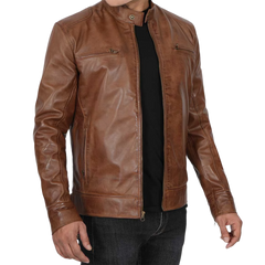 Men's Chocolate Brown Lambskin Cafe Racer Leather Jacket