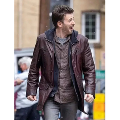 Mens Christopher Robert Evans Mid-length Brown Real Leather Trench Coat