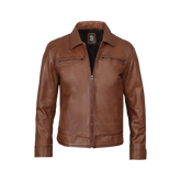 Men's Cognac Brown Leather Jacket- Shirt Collar Style