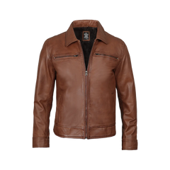 Men's Cognac Brown Leather Jacket- Shirt Collar Style