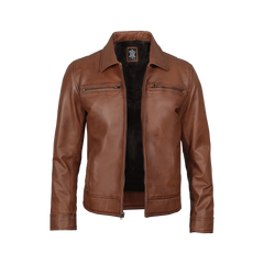 Men's Cognac Brown Leather Jacket- Shirt Collar Style
