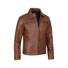 Men's Cognac Brown Leather Jacket- Shirt Collar Style