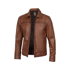 Men's Cognac Brown Leather Jacket- Shirt Collar Style