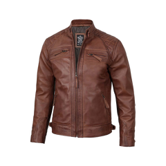 Men’s Cognac Brown Quilted Leather Motorcycle Jacket