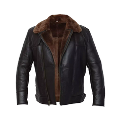 Men's Cross Zip B3 Bomber Aviator Real Shearling Brown Sheepskin Leather Jacket