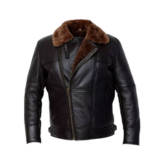 Men's Cross Zip B3 Bomber Aviator Real Shearling Brown Sheepskin Leather Jacket