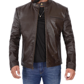 Men's Dark Brown Cowhide Leather Cafe Racer Jacket