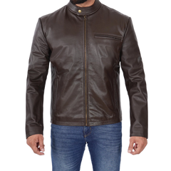 Men's Dark Brown Cowhide Leather Cafe Racer Jacket