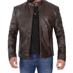 Men's Dark Brown Cowhide Leather Cafe Racer Jacket