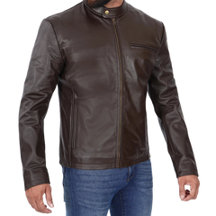 Men's Dark Brown Cowhide Leather Cafe Racer Jacket