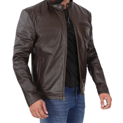 Men's Dark Brown Cowhide Leather Cafe Racer Jacket