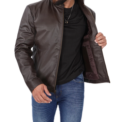 Men's Dark Brown Cowhide Leather Cafe Racer Jacket