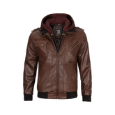 Men's Tall Dark Brown Leather Bomber Jacket With Hood