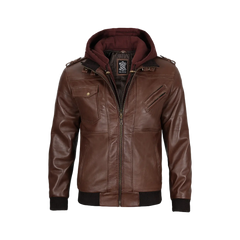 Men's Tall Dark Brown Leather Bomber Jacket With Hood