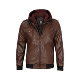 Men's Dark Brown Leather Bomber Jacket With Hood — Low Stock