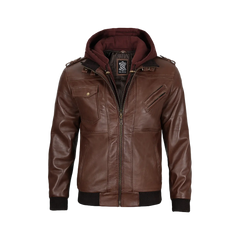Men's Dark Brown Leather Bomber Jacket With Hood — Low Stock