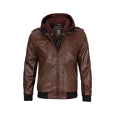 Men's Dark Brown Leather Bomber Jacket With Hood — Low Stock
