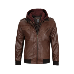 Men's Dark Brown Leather Bomber Jacket With Hood — Low Stock
