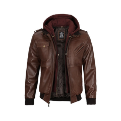 Men's Tall Dark Brown Leather Bomber Jacket With Hood