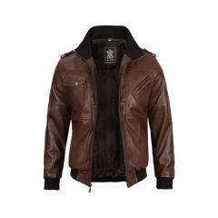 Men's Dark Brown Leather Bomber Jacket With Hood — Low Stock