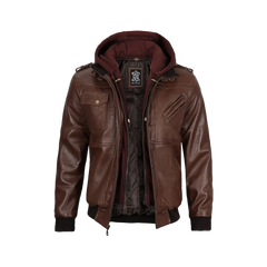 Men's Dark Brown Leather Bomber Jacket With Hood — Low Stock