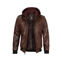 Men's Tall Dark Brown Leather Bomber Jacket With Hood