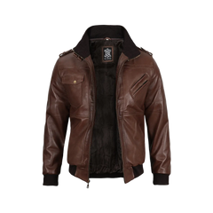 Men's Dark Brown Leather Bomber Jacket With Hood — Low Stock