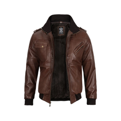 Men's Tall Dark Brown Leather Bomber Jacket With Hood