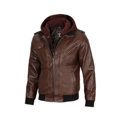 Men's Dark Brown Leather Bomber Jacket With Hood — Low Stock