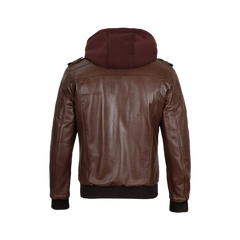 Men's Dark Brown Leather Bomber Jacket With Hood — Low Stock
