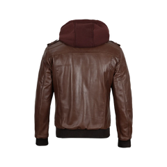Men's Tall Dark Brown Leather Bomber Jacket With Hood