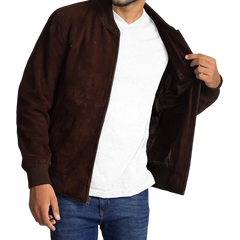 Men's Dark Brown Suede Bomber Jacket